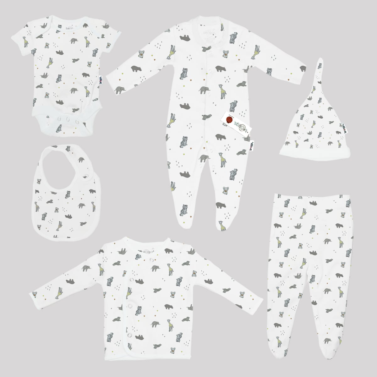 Baby Set | 100% Cotton | 6-Pieces | Hat | Bib | Jacket | Sleepsuit | Bodysuit | Leggings | Age Newborn – 6 Months | Animal Print | Broggs® | 16J