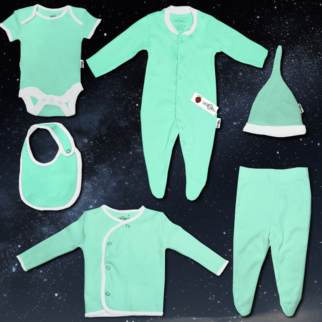Baby Set | 100% Cotton | 6-Pieces | Hat | Bib | Jacket | Sleepsuit | Bodysuit | Leggings | Age Newborn – 6 Months | Colour Mint Surprise | Broggs®