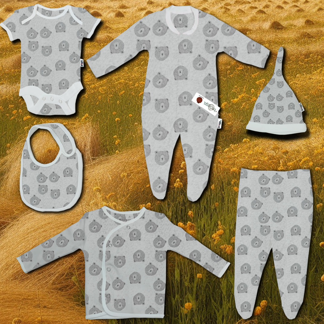 Baby Set | 100% Cotton | 6-Pieces | Hat | Bib | Jacket | Sleepsuit | Bodysuit | Leggings | Age Newborn – 6 Months | Colour Grey Bear | Broggs®