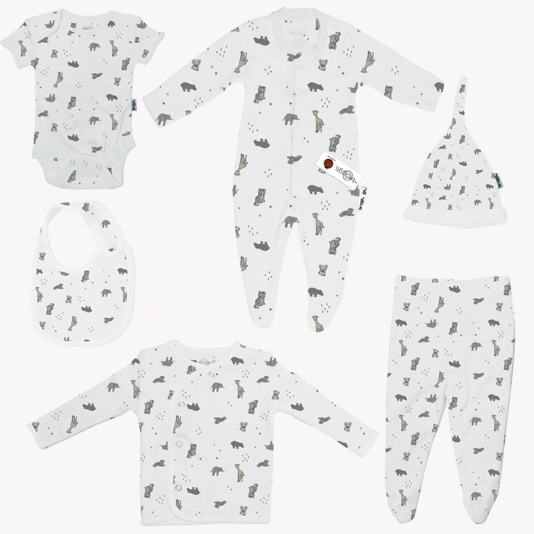 Baby Set | 100% Cotton | 6-Pieces | Hat | Bib | Jacket | Sleepsuit | Bodysuit | Leggings | Age Newborn – 6 Months | Animal Print | Broggs® | 16J