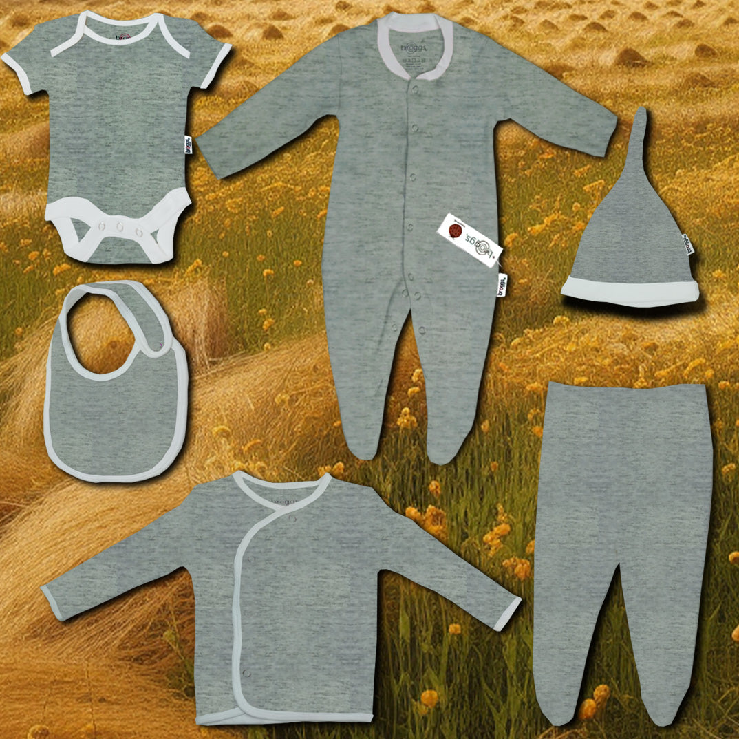 Baby Set | 100% Cotton | 6-Pieces | Hat | Bib | Jacket | Sleepsuit | Bodysuit | Leggings | Age Newborn – 6 Months | Colour Grey Marl | Broggs®
