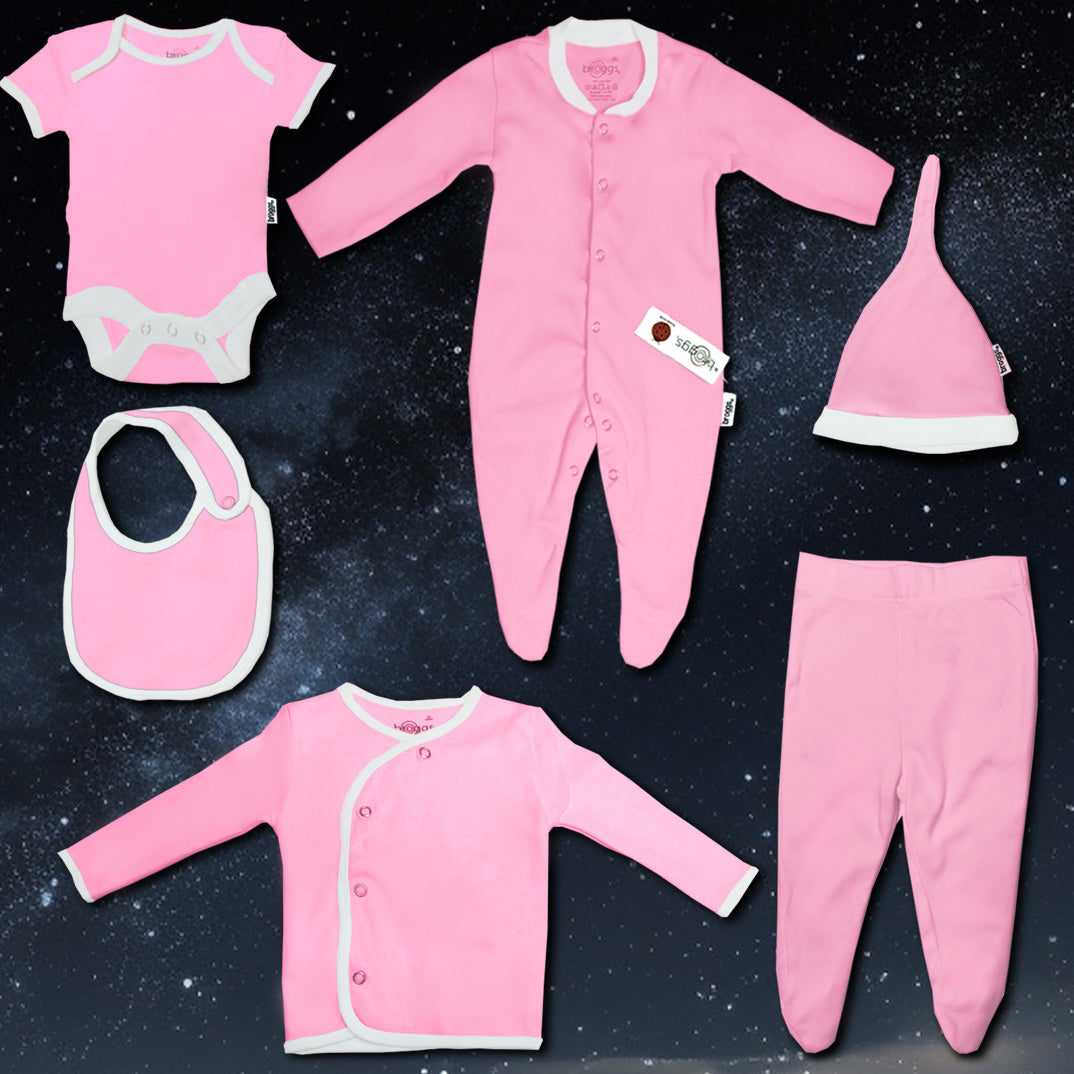 Baby Set | 100% Cotton | 6-Pieces | Hat | Bib | Jacket | Sleepsuit | Bodysuit | Leggings | Age Newborn – 6 Months | Colour Hot Pink | Broggs®