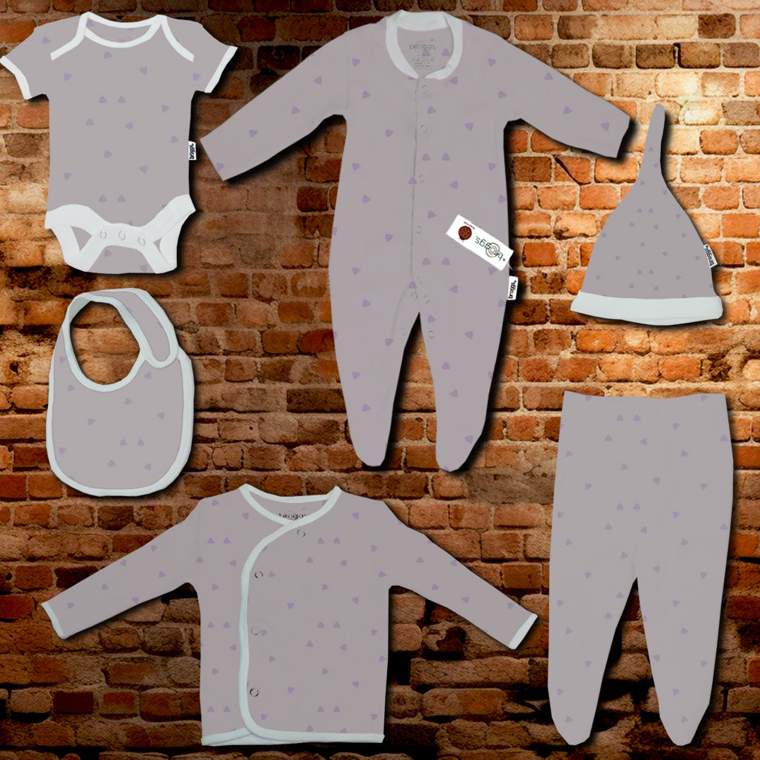 Baby Set | 100% Cotton | 6-Pieces | Hat | Bib | Jacket | Sleepsuit | Bodysuit | Leggings | Age Newborn – 6 Months | Colour Lilac Triangles | Broggs®