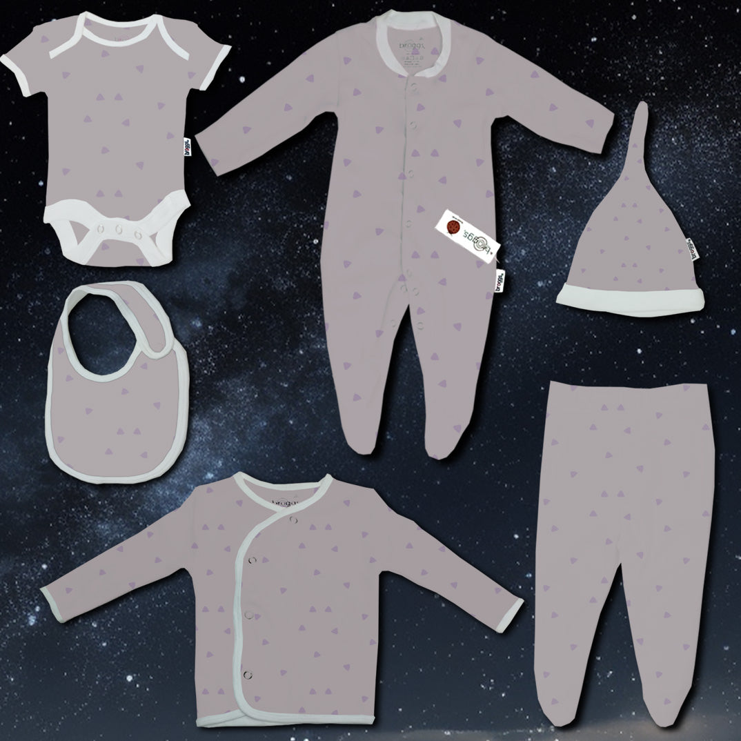 Baby Set | 100% Cotton | 6-Pieces | Hat | Bib | Jacket | Sleepsuit | Bodysuit | Leggings | Age Newborn – 6 Months | Colour Lilac Triangles | Broggs®