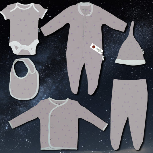 Baby Set | 100% Cotton |  6-Pieces | Hat | Bib | Jacket | Sleepsuit | Bodysuit | Leggings | Age Newborn – 6 Months | Colour Lilac Triangles | Broggs®