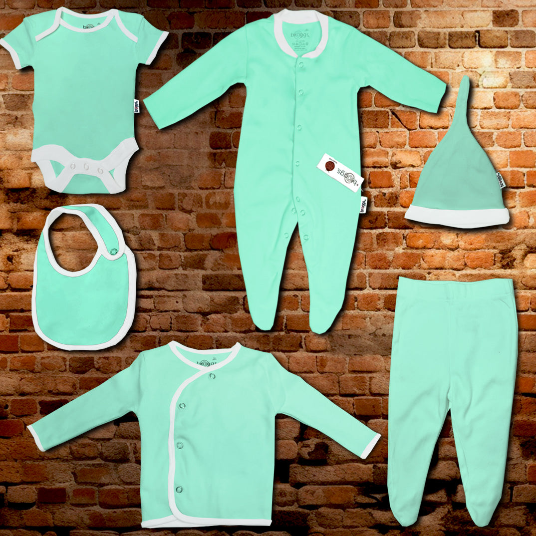 Baby Set | 100% Cotton | 6-Pieces | Hat | Bib | Jacket | Sleepsuit | Bodysuit | Leggings | Age Newborn – 6 Months | Colour Mint Surprise | Broggs®