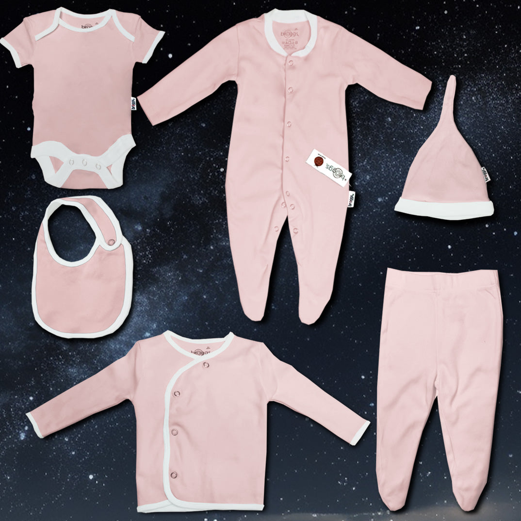 Baby Set | 100% Cotton | 6-Pieces | Hat | Bib | Jacket | Sleepsuit | Bodysuit | Leggings | Age Newborn – 6 Months | Colour Pastel Pink | Broggs®