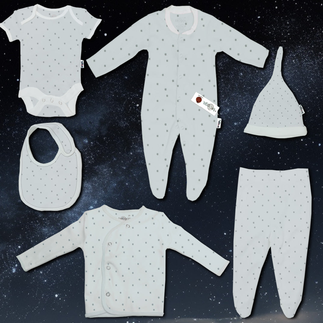 Baby Set | 100% Cotton | 6-Pieces | Hat | Bib | Jacket | Sleepsuit | Bodysuit | Leggings | Age Newborn – 6 Months | Colour Silver Stars | Broggs®