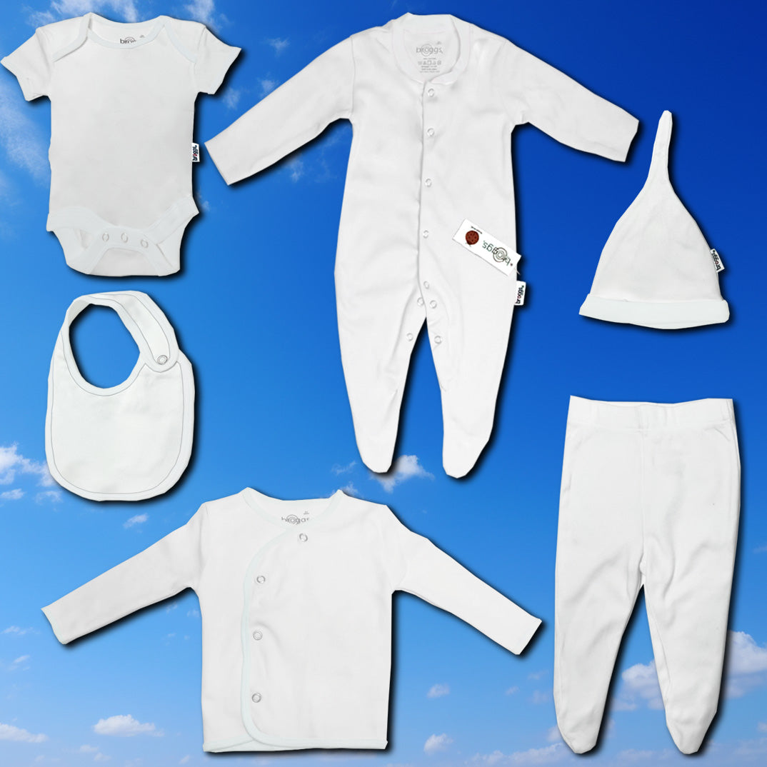 Baby Set | 100% Cotton | 6-Pieces | Hat | Bib | Jacket | Sleepsuit | Bodysuit | Leggings | Age Newborn – 6 Months | Colour Pure White | Broggs®