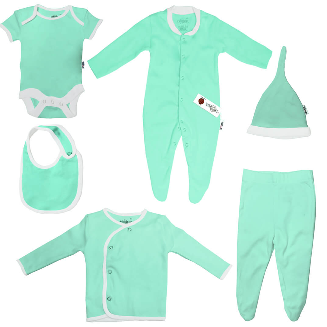 Baby Set | 100% Cotton | 6-Pieces | Hat | Bib | Jacket | Sleepsuit | Bodysuit | Leggings | Age Newborn – 6 Months | Colour Mint Surprise | Broggs®