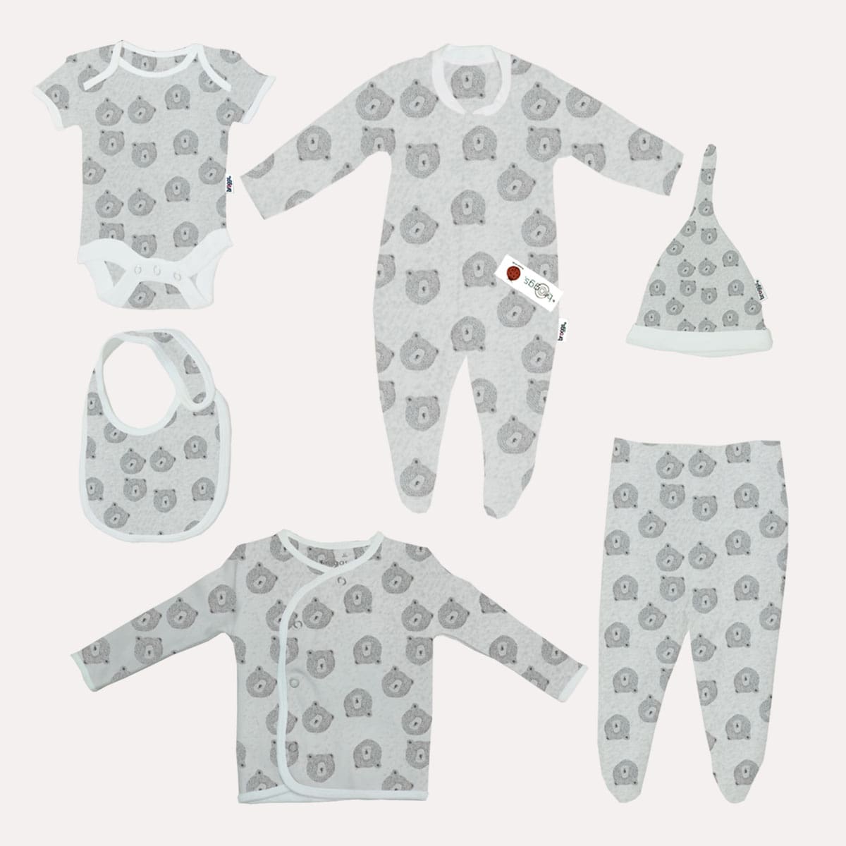 Baby Set | 100% Cotton | 6-Pieces | Hat | Bib | Jacket | Sleepsuit | Bodysuit | Leggings | Age Newborn – 6 Months | Colour Grey Bear | Broggs®
