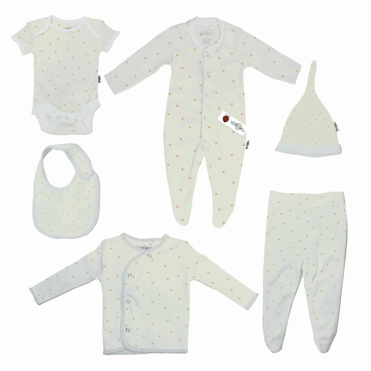 Baby Set | 100% Cotton | 6-Pieces | Hat | Bib | Jacket | Sleepsuit | Bodysuit | Leggings | Age Newborn – 6 Months | Colour Gold Spots | Broggs®