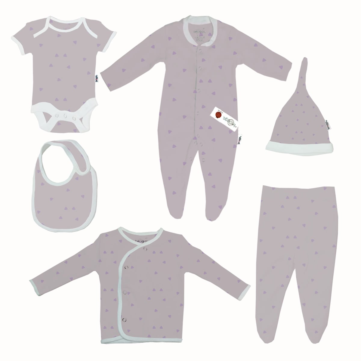 Baby Set | 100% Cotton | 6-Pieces | Hat | Bib | Jacket | Sleepsuit | Bodysuit | Leggings | Age Newborn – 6 Months | Colour Lilac Triangles | Broggs®