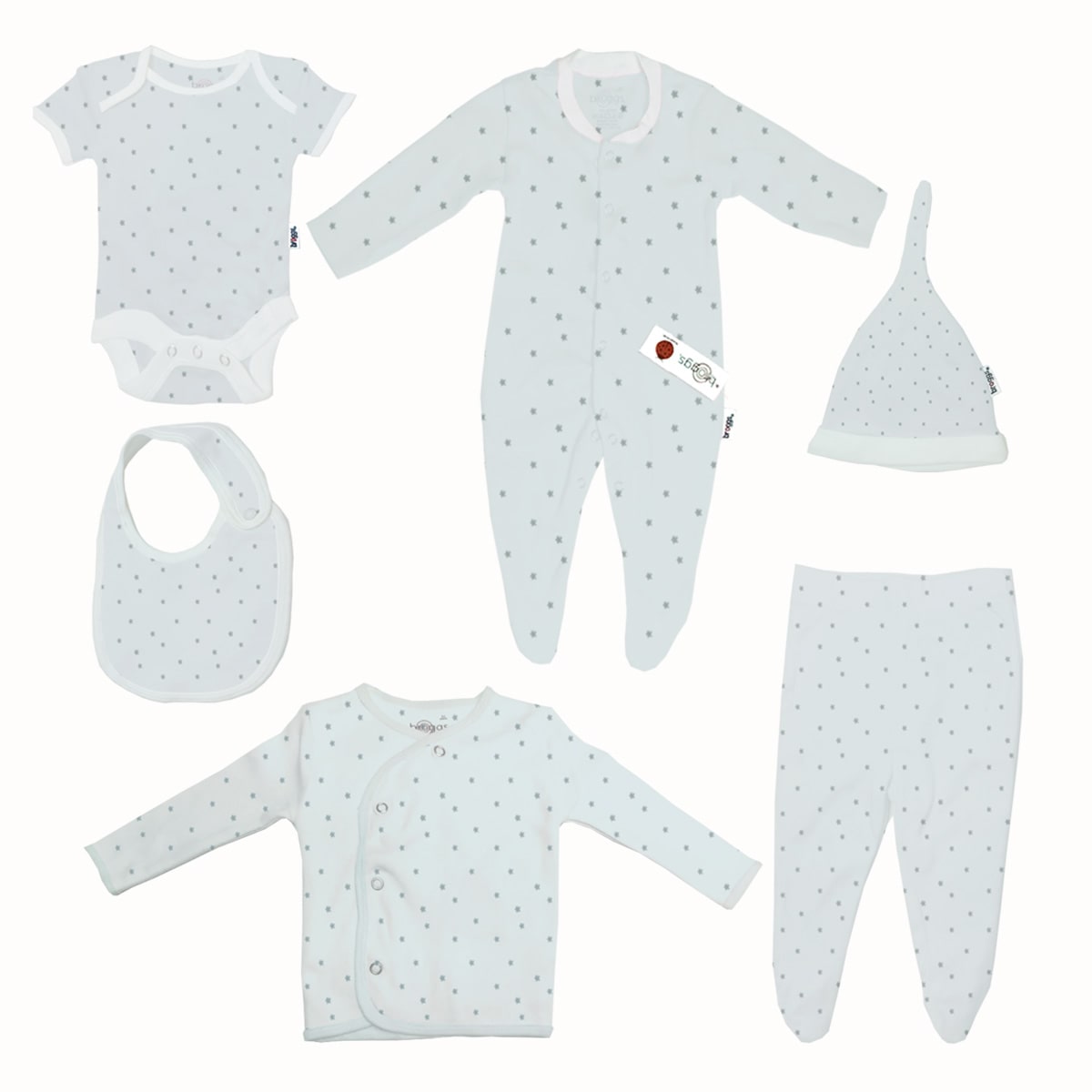 Baby Set | 100% Cotton | 6-Pieces | Hat | Bib | Jacket | Sleepsuit | Bodysuit | Leggings | Age Newborn – 6 Months | Colour Silver Stars | Broggs®