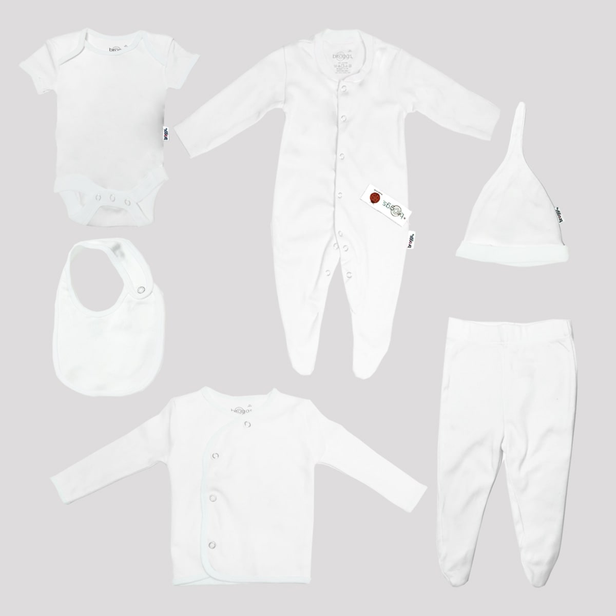 Baby Set | 100% Cotton | 6-Pieces | Hat | Bib | Jacket | Sleepsuit | Bodysuit | Leggings | Age Newborn – 6 Months | Colour Pure White | Broggs®