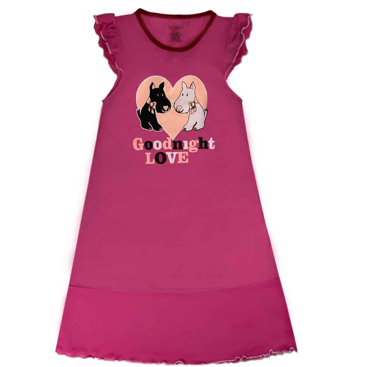 Girls Pink Nightie | Scottie Dog | Good Night Print | In 3-Colours | Silver | Red | Pink | Age 3 – 12 Years
