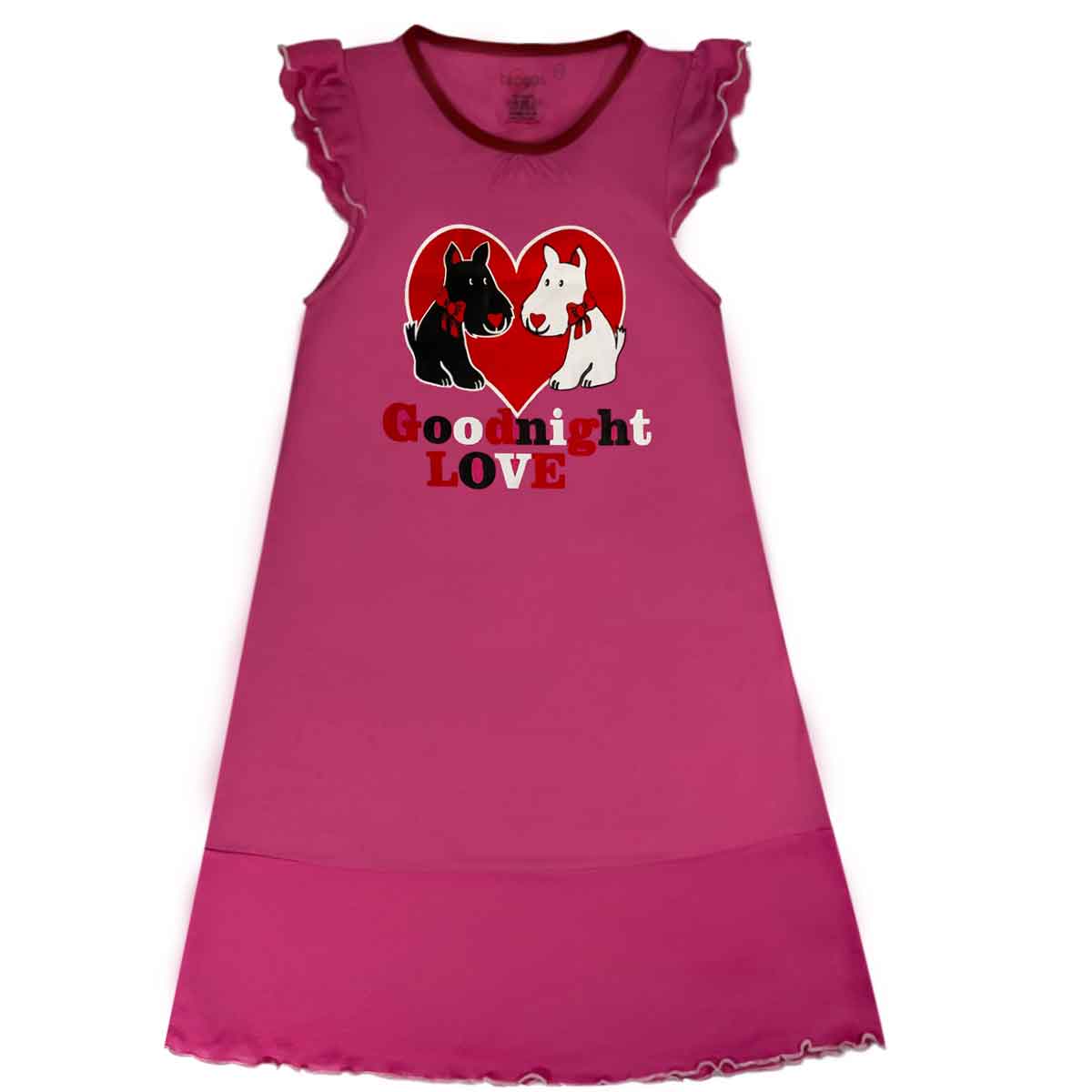 Girls Pink Nightie | Scottie Dog | Good Night Print | In 3-Colours | Silver | Red | Pink | Age 3 – 12 Years