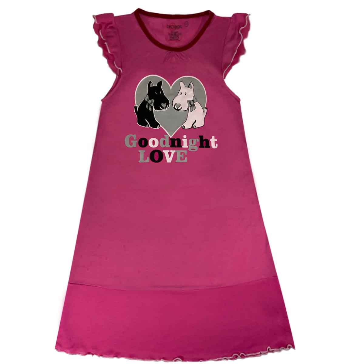 Girls Pink Nightie | Scottie Dog | Good Night Print | In 3-Colours | Silver | Red | Pink | Age 3 – 12 Years