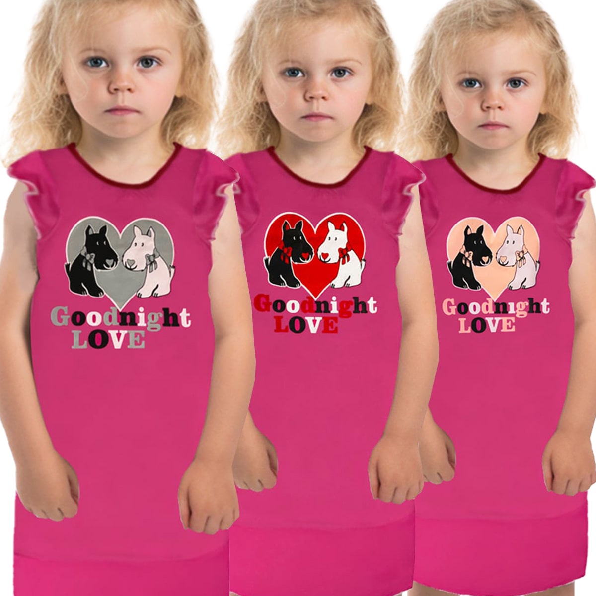 Girls Pink Nightie | Scottie Dog | Good Night Print | In 3-Colours | Silver | Red | Pink | Age 3 – 12 Years