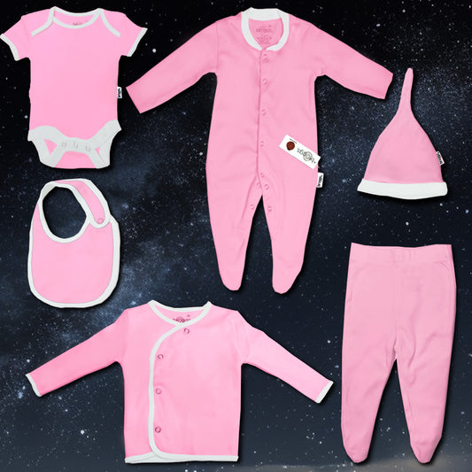 Baby Set | 100% Cotton |  6-Pieces | Hat | Bib | Jacket | Sleepsuit | Bodysuit | Leggings | Age Newborn – 6 Months | Colour Hot Pink | Broggs®