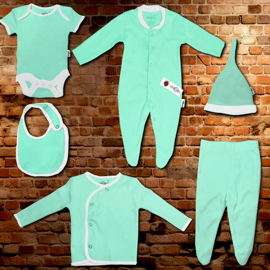 Baby Set | 100% Cotton |  6-Pieces | Hat | Bib | Jacket | Sleepsuit | Bodysuit | Leggings | Age Newborn – 6 Months | Colour Mint Surprise | Broggs®