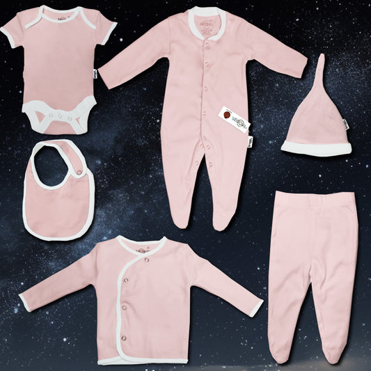 Baby Set | 100% Cotton |  6-Pieces | Hat | Bib | Jacket | Sleepsuit | Bodysuit | Leggings | Age Newborn – 6 Months | Colour Pastel Pink | Broggs®