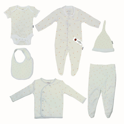 Baby Set | 100% Cotton |  6-Pieces | Hat | Bib | Jacket | Sleepsuit | Bodysuit | Leggings | Age Newborn – 6 Months | Colour Gold Spots | Broggs®