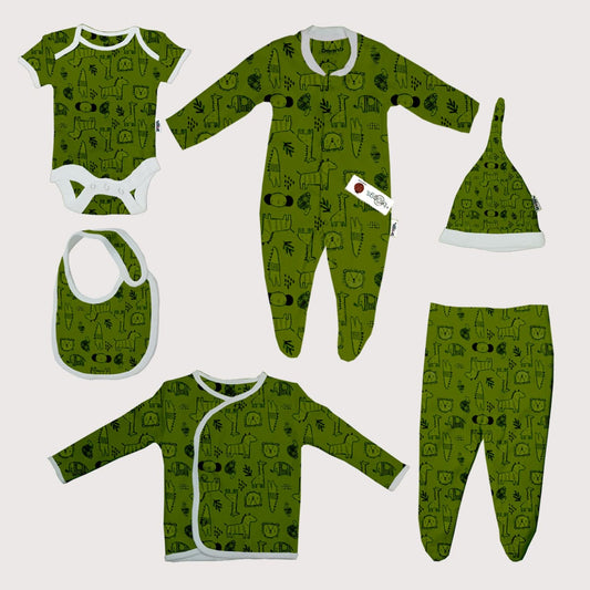 Baby Set | 100% Cotton |  6-Pieces | Hat | Bib | Jacket | Sleepsuit | Bodysuit | Leggings | Age Newborn – 6 Months | Colour Green Animals | Broggs®