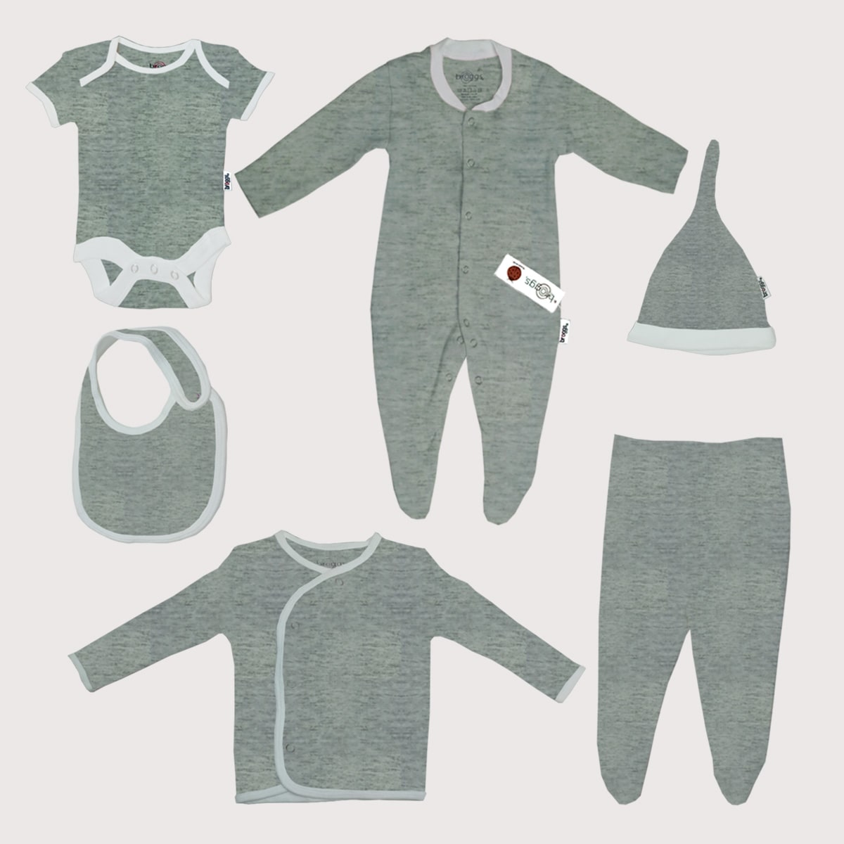 Baby Set | 100% Cotton |  6-Pieces | Hat | Bib | Jacket | Sleepsuit | Bodysuit | Leggings | Age Newborn – 6 Months | Colour Grey Marl | Broggs®