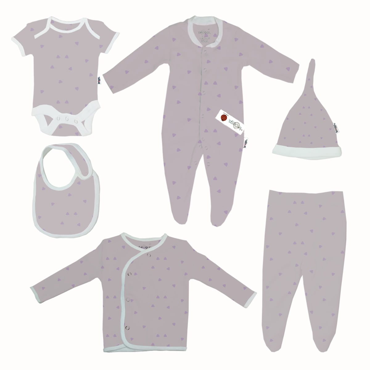 Baby Set | 100% Cotton |  6-Pieces | Hat | Bib | Jacket | Sleepsuit | Bodysuit | Leggings | Age Newborn – 6 Months | Colour Lilac Triangles | Broggs®