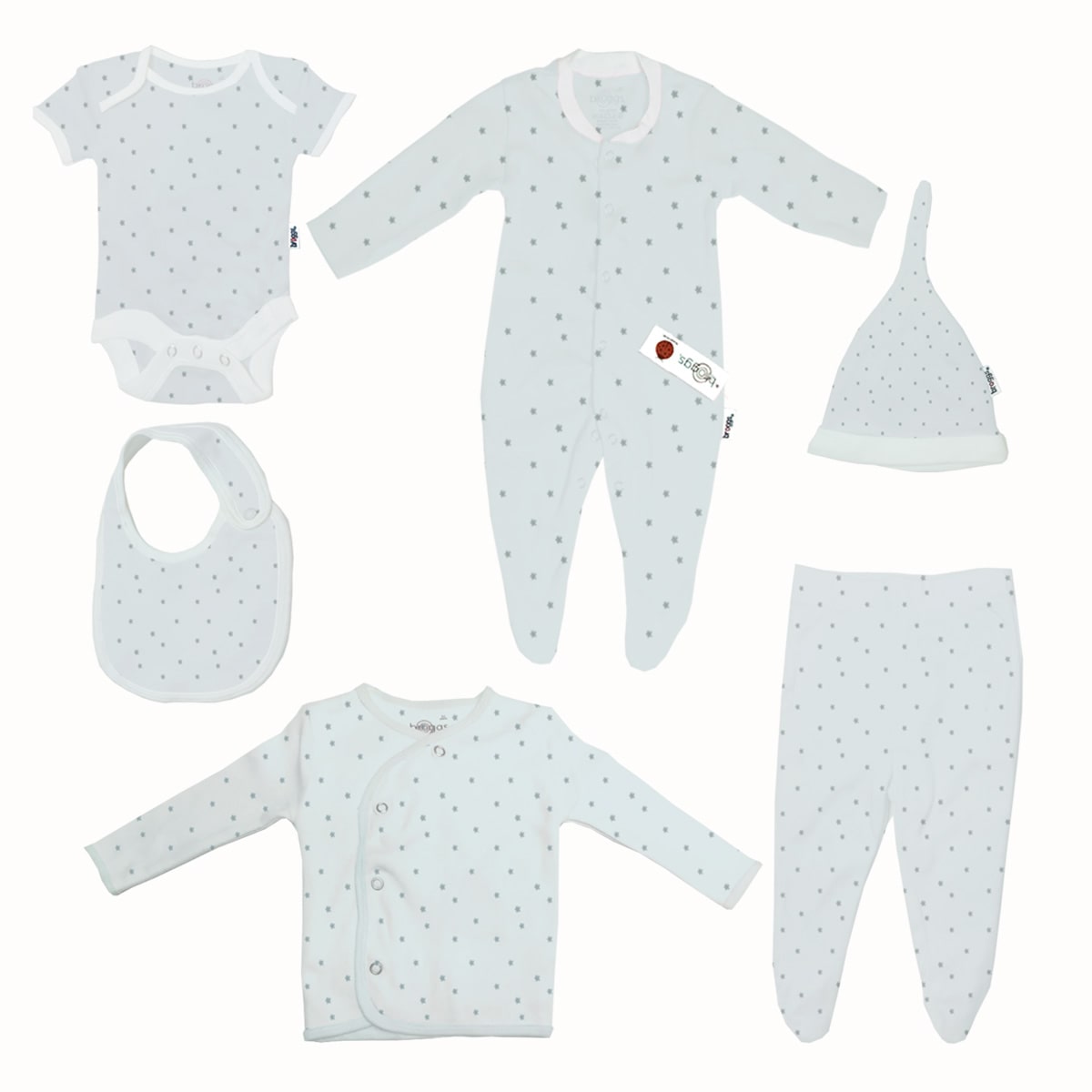 Baby Set | 100% Cotton |  6-Pieces | Hat | Bib | Jacket | Sleepsuit | Bodysuit | Leggings | Age Newborn – 6 Months | Colour Silver Stars | Broggs®