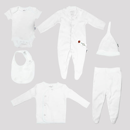 Baby Set | 100% Cotton |  6-Pieces | Hat | Bib | Jacket | Sleepsuit | Bodysuit | Leggings | Age Newborn – 6 Months | Colour Pure White | Broggs®