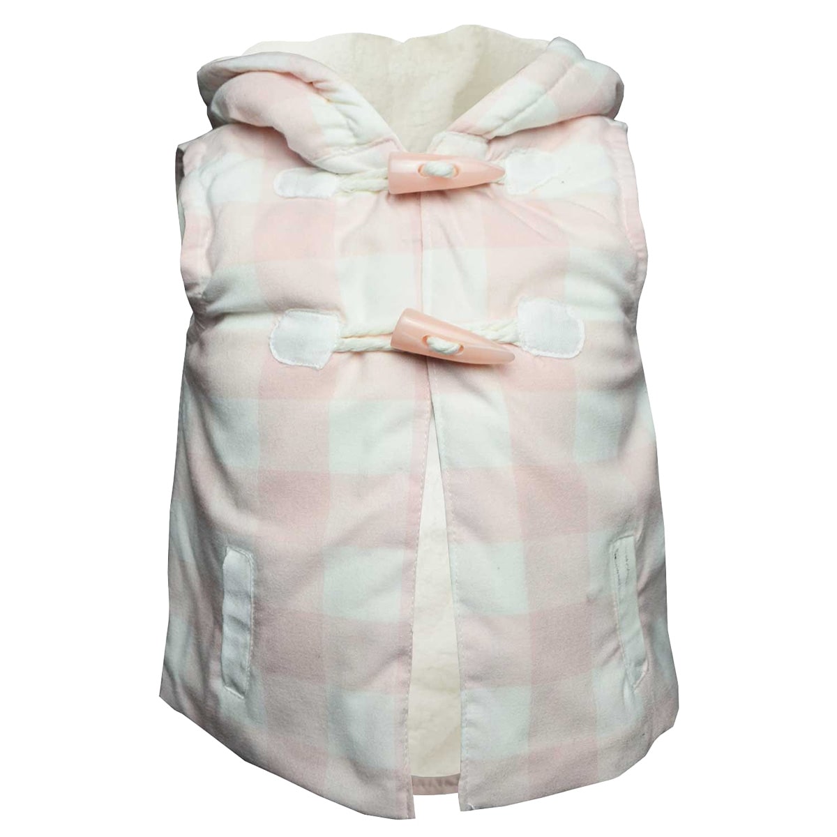 Girls Hooded Gilet Pink and White Check Faux Fur Lined 9-24 Months