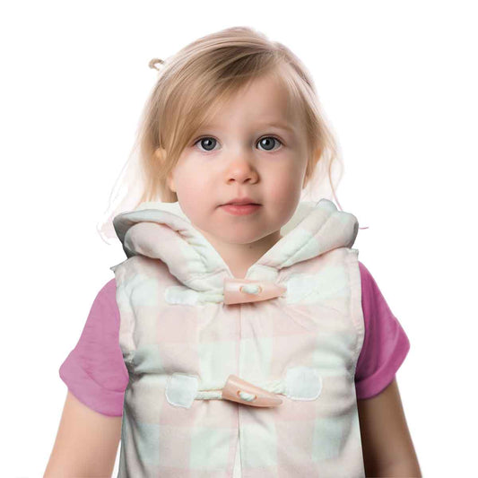 Girls Hooded Gilet Pink and White Check Faux Fur Lined 9-24 Months