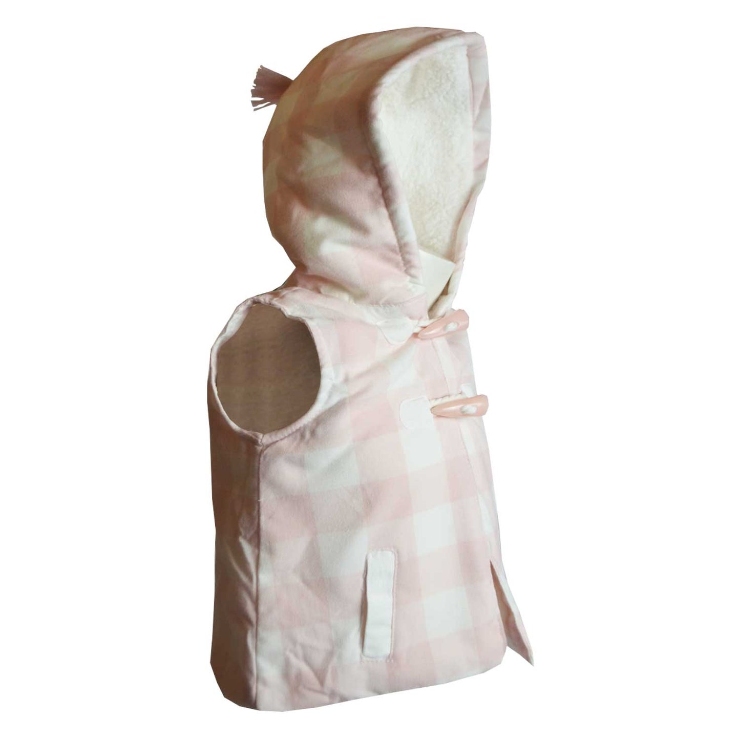 Girls Hooded Gilet Pink and White Check Faux Fur Lined 9-24 Months